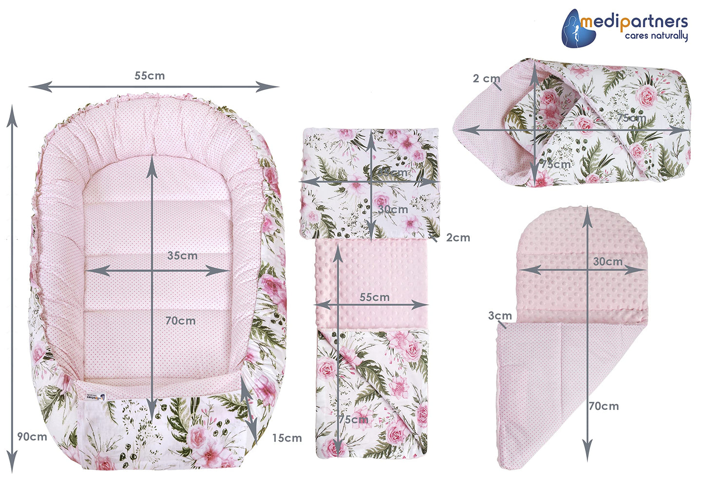 Medi Partners Babynest Nestchen Baby Set für Neugeborene - 100x60x15 Kuschelnest 5 teilig tragbar Nest zweiseitig Babynestchen Bett 100% Baumwolle (Lichtung mit grauem Minky)