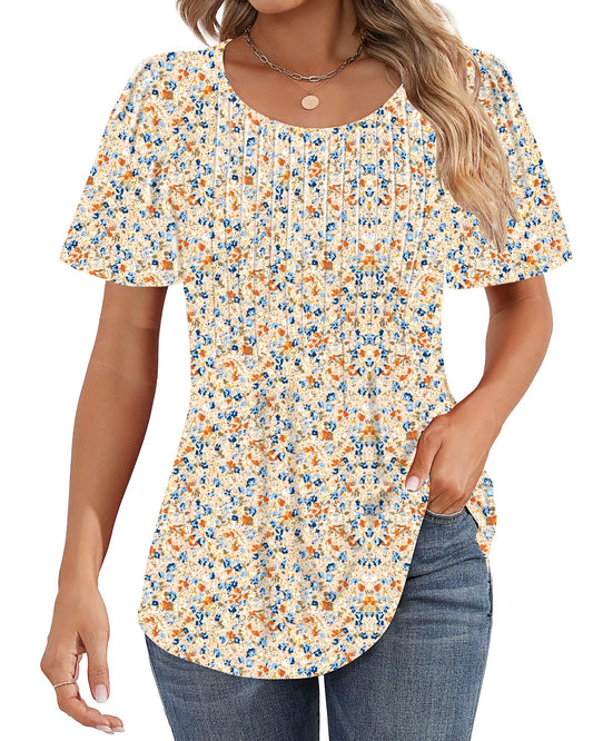 Cuptacc Tshirt Damen Rundhals Mit Falten Locker Puffärmel T-Shirt Elegant Kurzarm Geblümt/Einfarbig Top Damen
