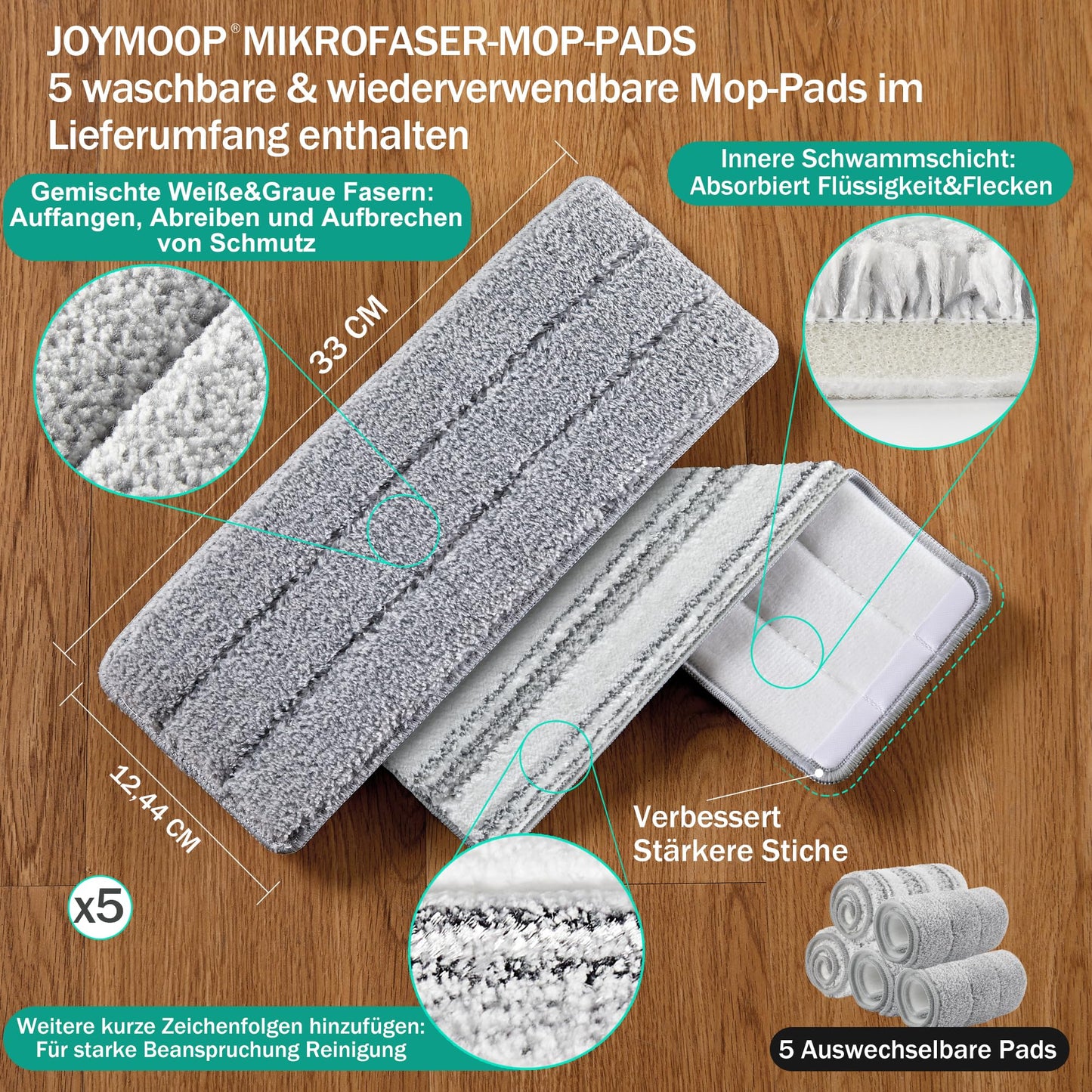 JOYMOOP Mop und Eimer mit Wringer Set, Hands Free Flat Floor Mop und Eimer, mit 5 waschbaren Mikrofaserpads, Nass- und Trockeneinsatz, Bodenreinigungssystem