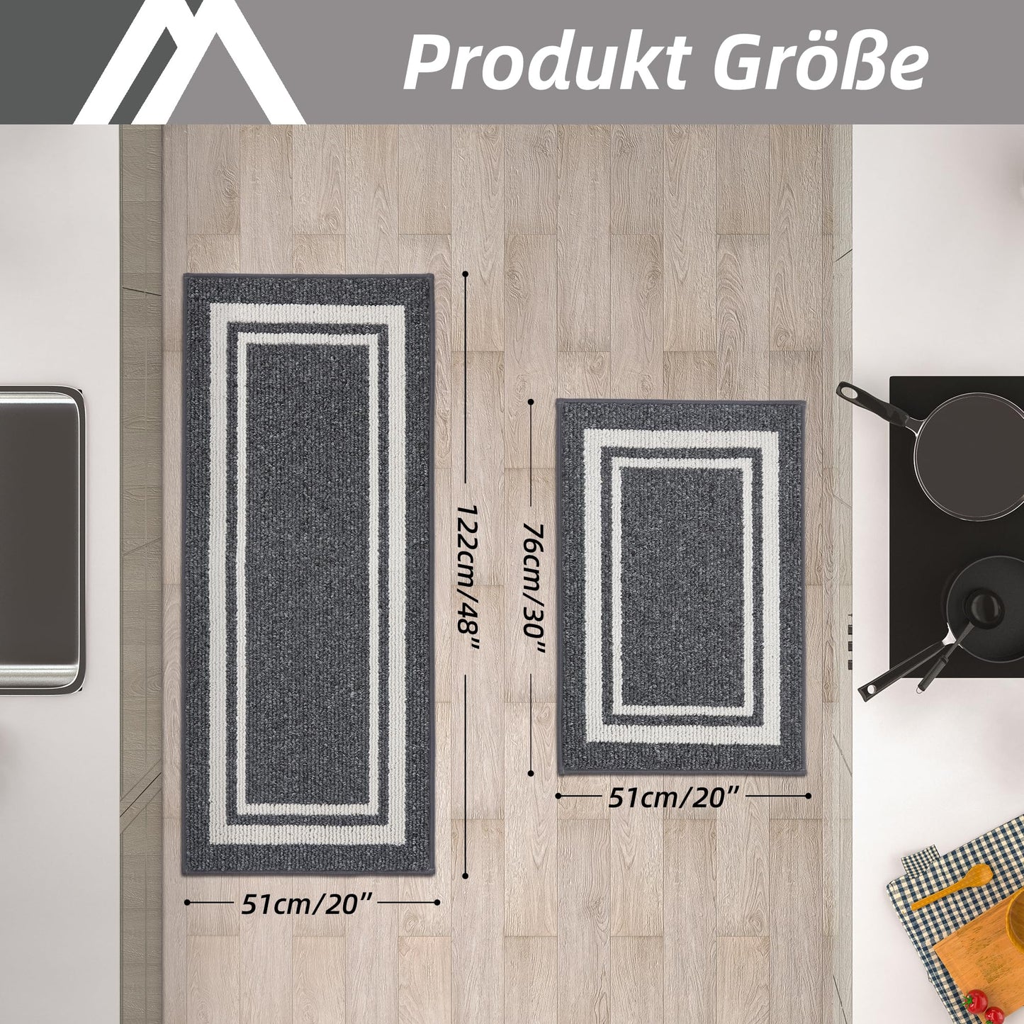 COSY HOMEER Küchenläufer rutschfest 2 Stück, Küchenteppich Waschbar rutschfest, Küchenmatten, Teppich Läufer Flur für Küche, Kitchen Mat/Rug/Carpet(51x76CM + 51x122CM, Grau)