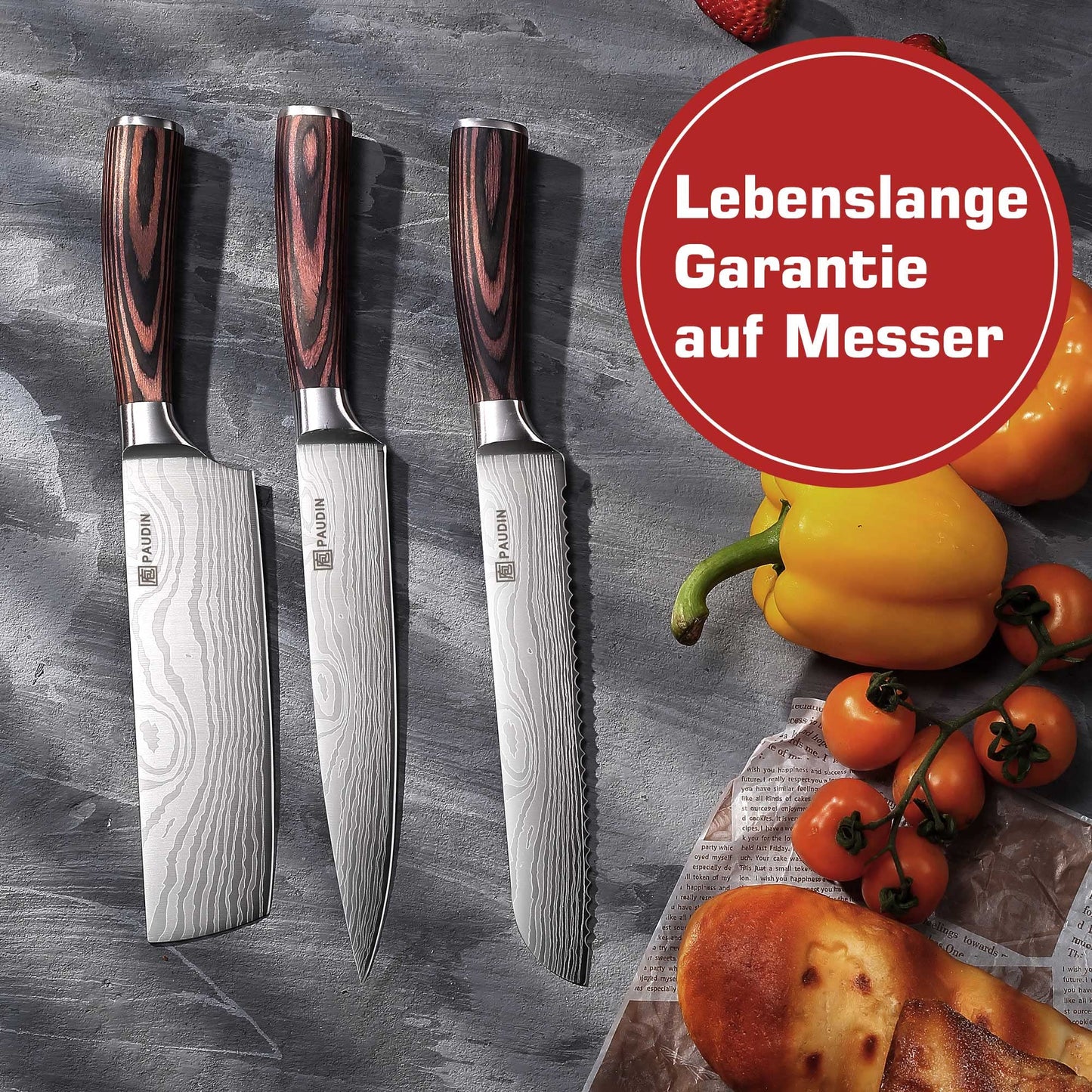 PAUDIN Messerblock, 14-teiliges Messer-Set für die Küche, scharf, hochwertiges deutsches Edelstahlmesser-Set mit Holzblock, Messerschäfer und Schere