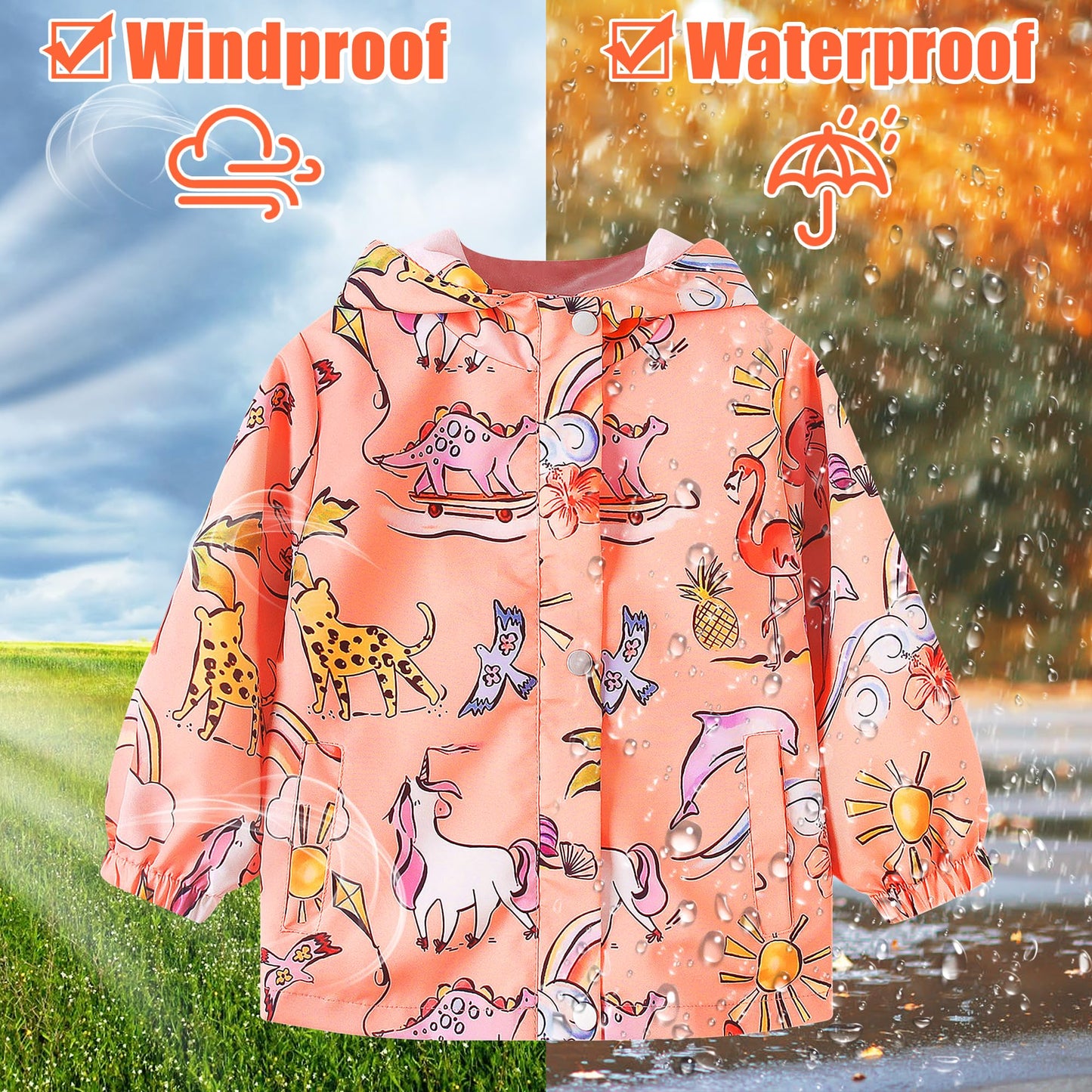 JinBei Children's Waterproof Jacket Children's Hooded Coat Windproof Jackets Long Sleeve Jacket Outdoor Lightweight Zip Coat for Boys & Girls Size 98-134