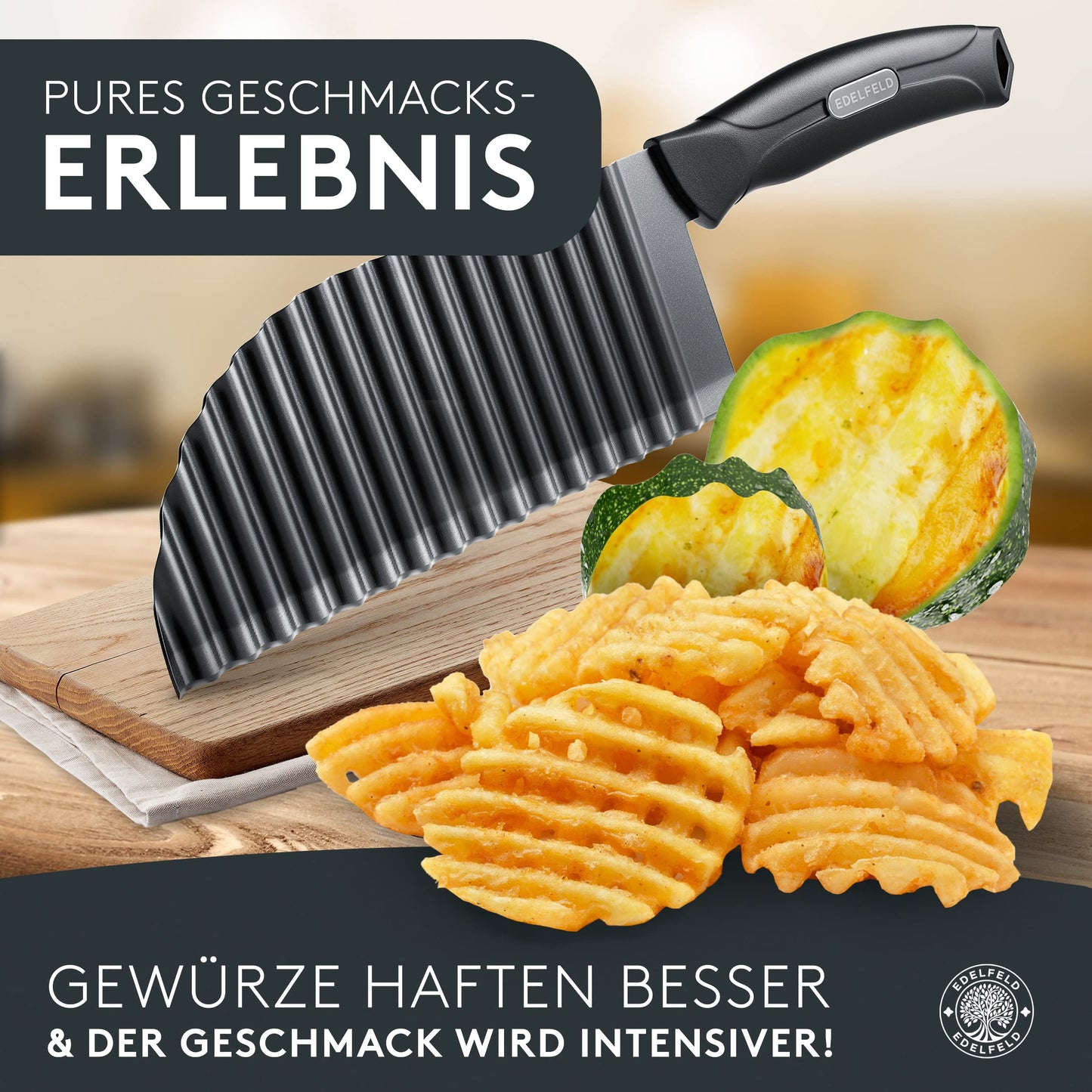 EDELFELD Wellenschneider für Pommes, Obst & Gemüse [TESTSIEGER] - Spülmaschinengeeignetes Wellenmesser mit Titanklinge - Riffelmesser für Erwachsene & Kinder - BLW Wellenschnittmesser aus Edelstahl