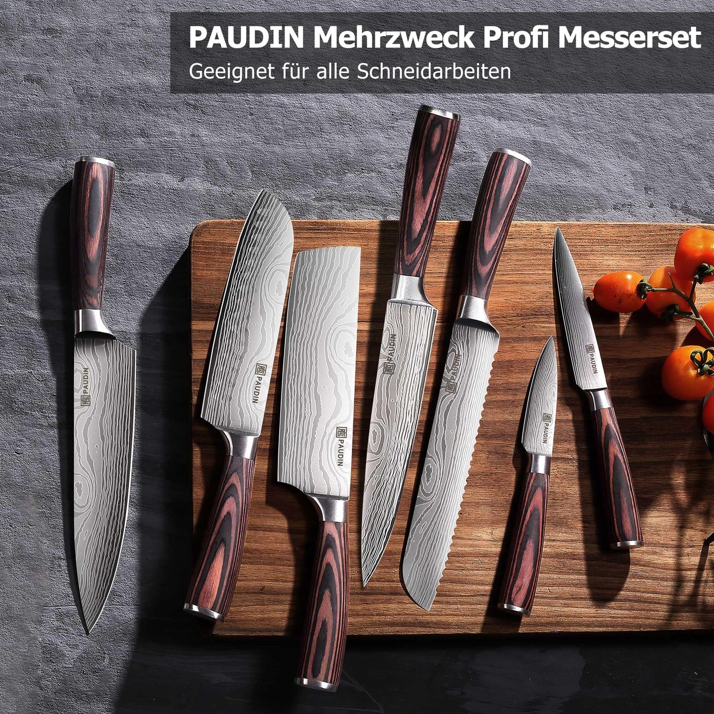 PAUDIN Messerblock, 14-teiliges Messer-Set für die Küche, scharf, hochwertiges deutsches Edelstahlmesser-Set mit Holzblock, Messerschäfer und Schere