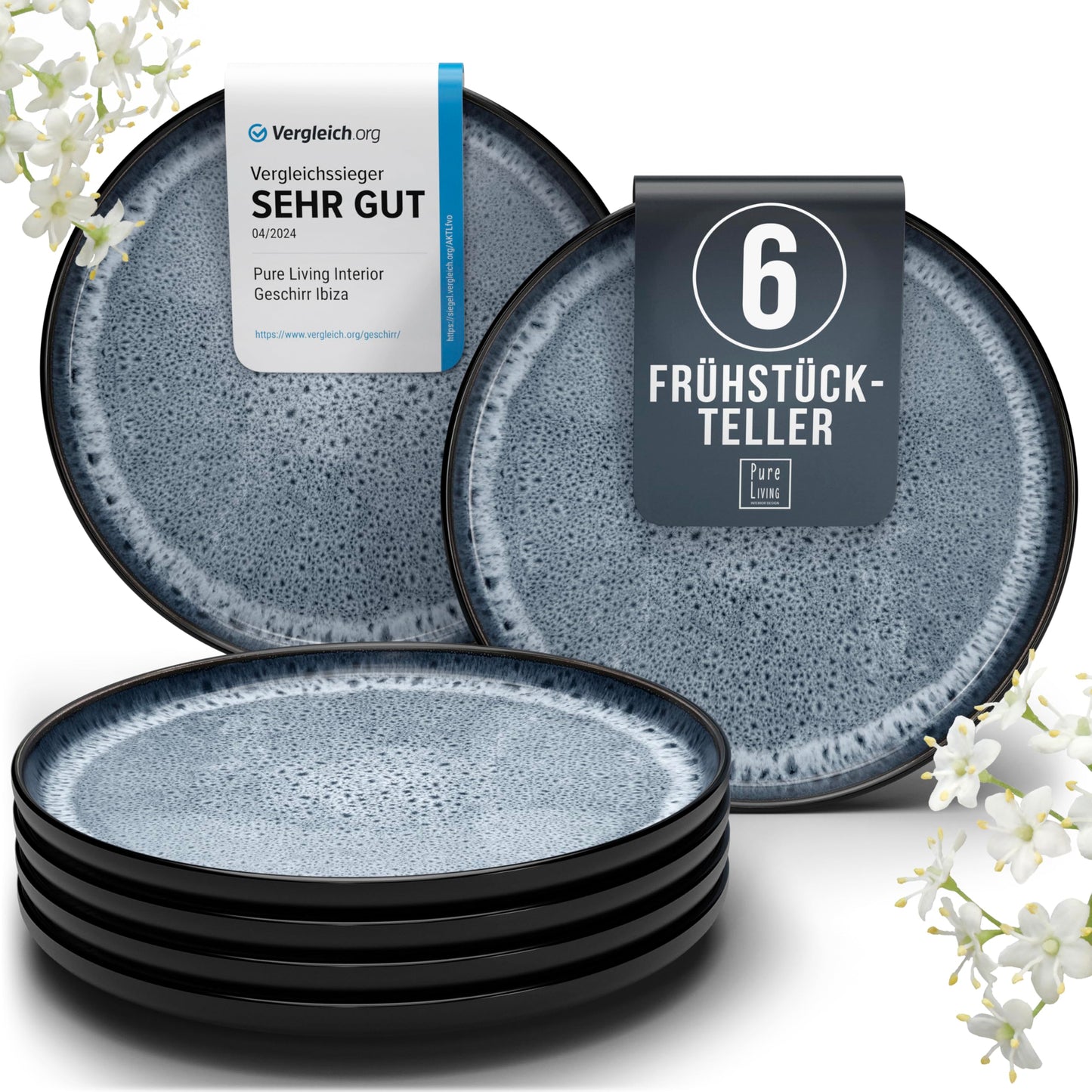 Steingut Frühstücksteller 6 Pers. Ibiza Hochwertiges Mediterranes TEST SEHR GUT Dessertteller Set - Kuchenteller spülmaschinen- und kratzfest - Kleine Teller, Salatteller Pure Living in Petrol
