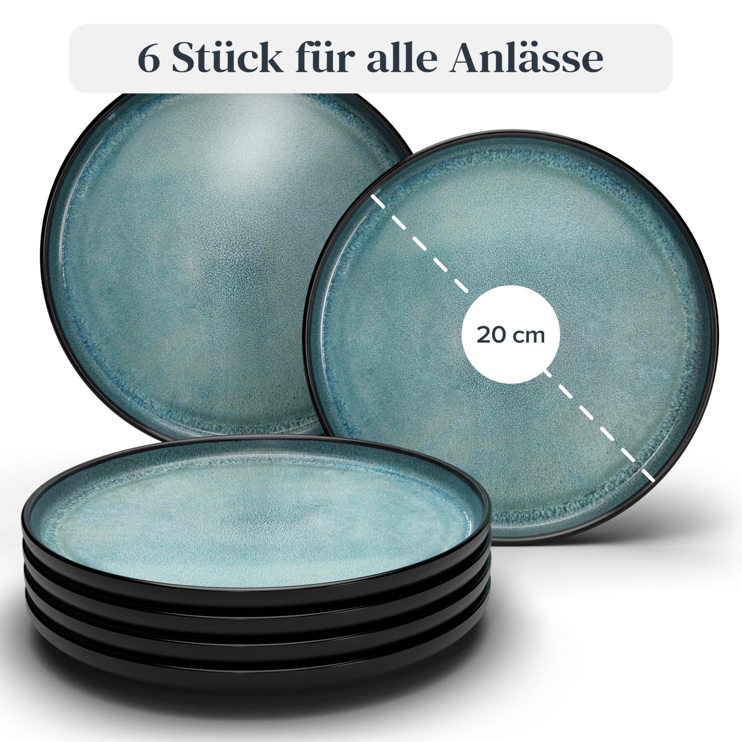 Steingut Frühstücksteller 6 Pers. Ibiza Hochwertiges Mediterranes TEST SEHR GUT Dessertteller Set - Kuchenteller spülmaschinen- und kratzfest - Kleine Teller, Salatteller Pure Living in Petrol