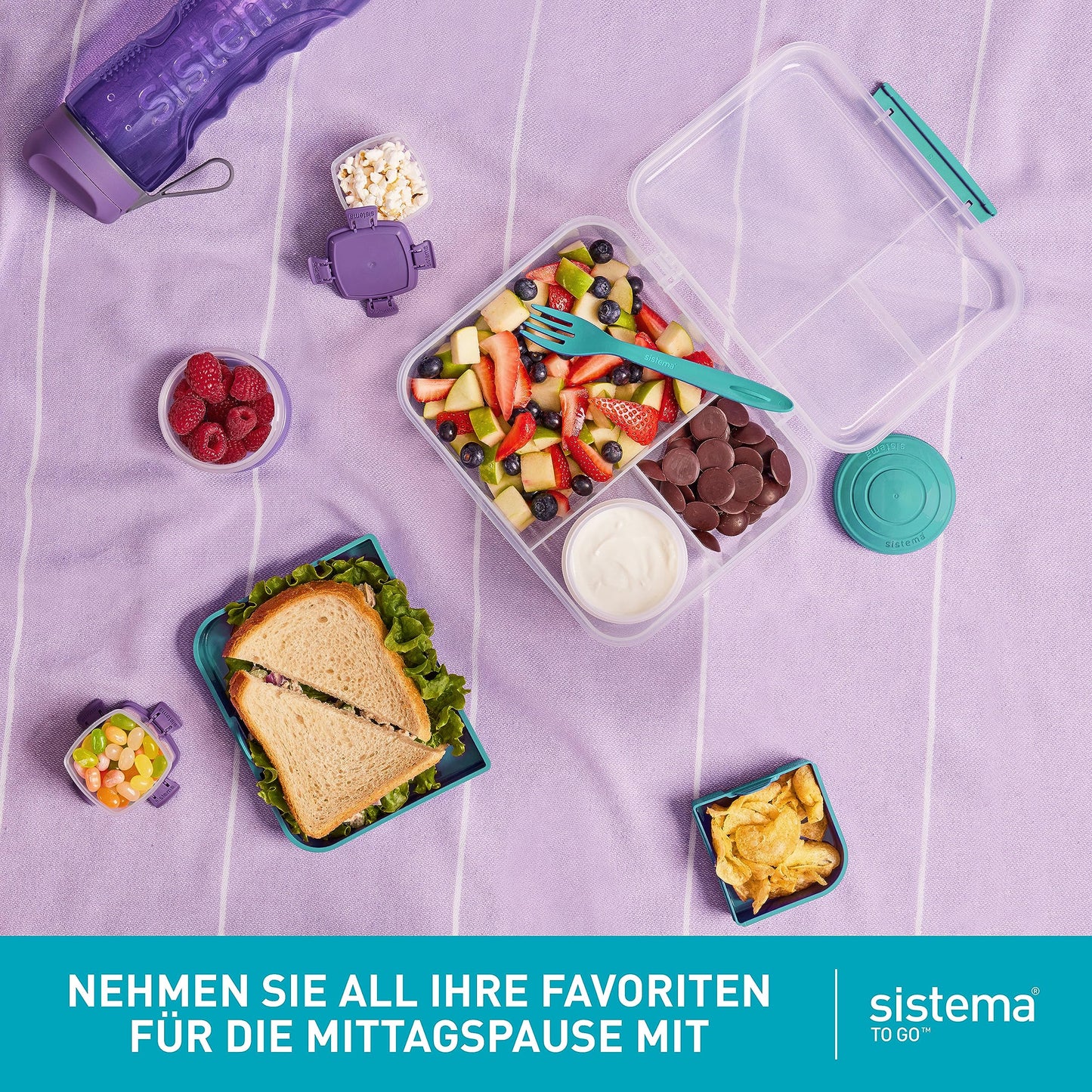 Sistema Bento-Box | 1,25 L | Brotdose für Pause mit Fächern und Snackbox | BPA-frei | hergestellt aus Ocean Bound Plastic | Teal Stone | 1 Stück, Mintgrün (Recycelter Kunststoff)